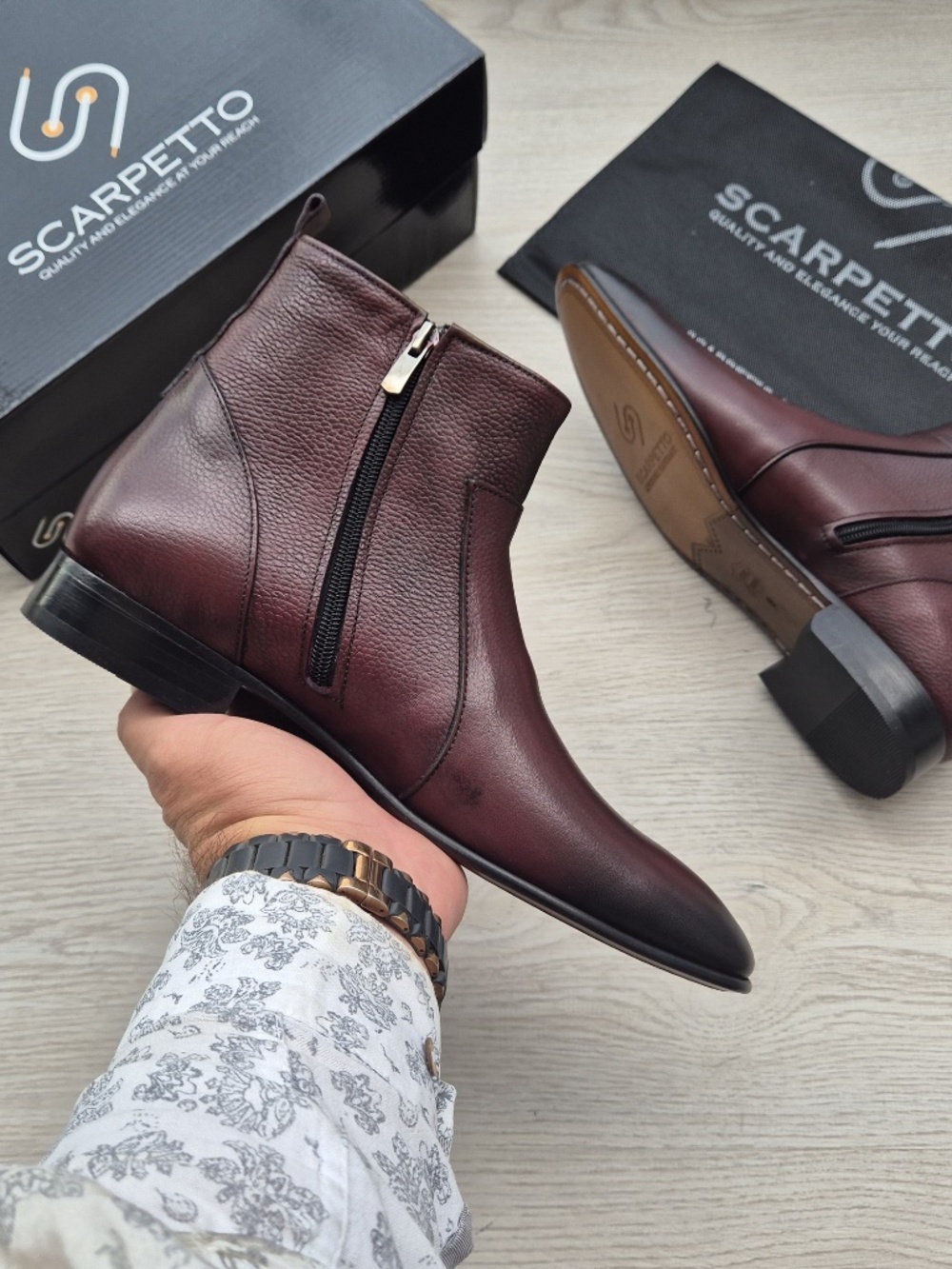 Burgundy Leather Chelsea Boots: Pebbled Grain, Pointed Toe, Slip-On Style - Picture 5 of 5